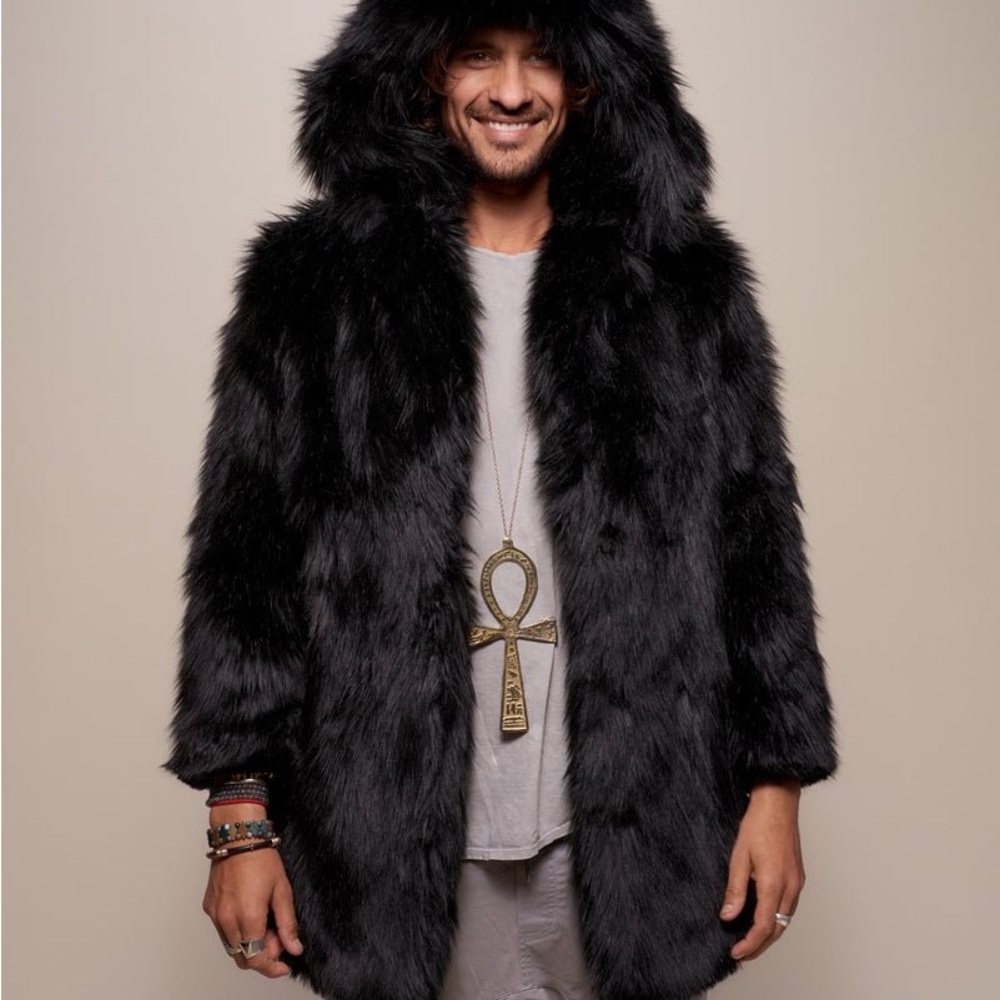 SpiritHoods Black Wolf Faux Fur Coat Hooded Ears Rare L - Picture 7 of 13